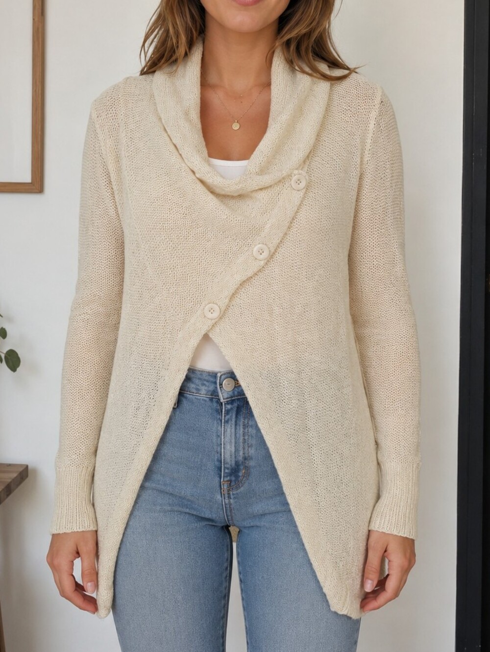 Vero Moda Cream Knit Wrap Cardigan Sweater | Shawl Collar | Button Front |